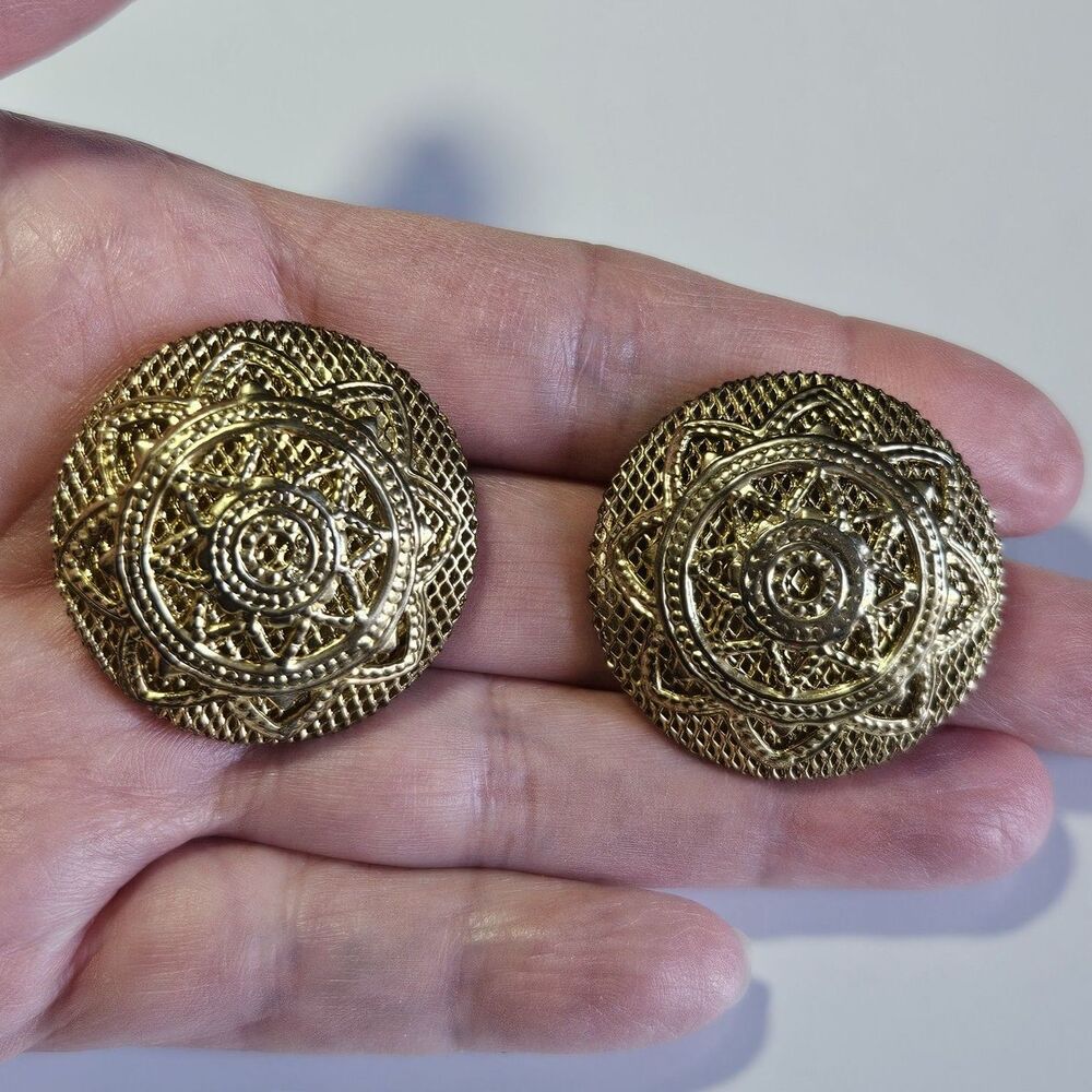 Vintage Gold Tone Metal Round Earrings